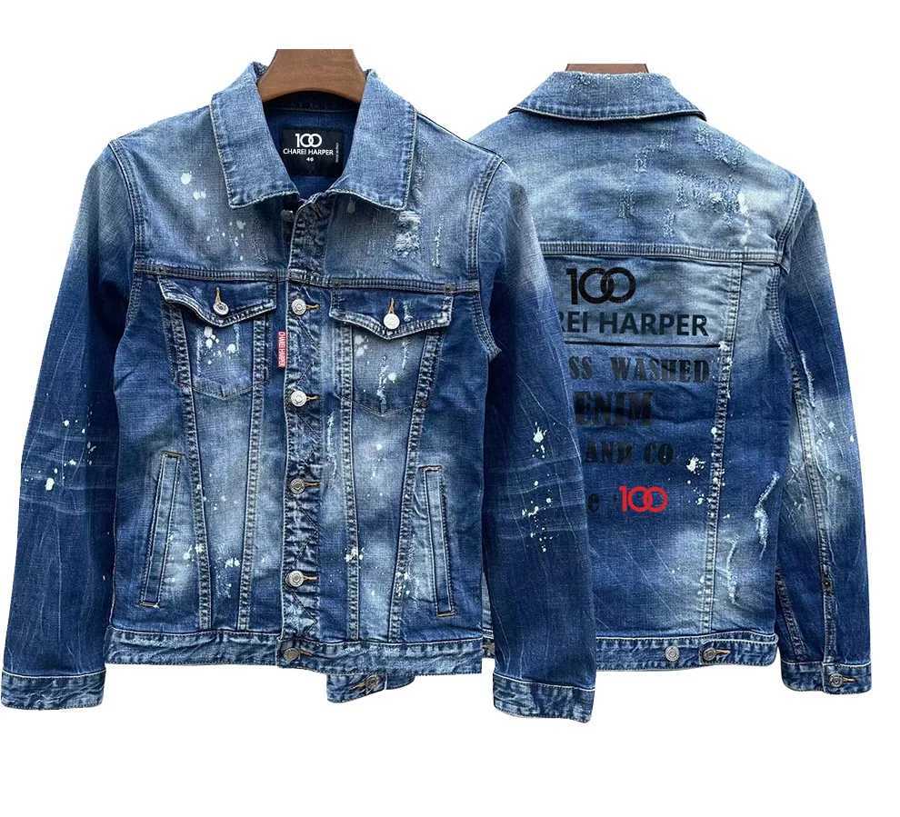 00 chareiharper Denim jacket mens high quality wash white coat young hipster men hole patch wash splash ink jacket W250116