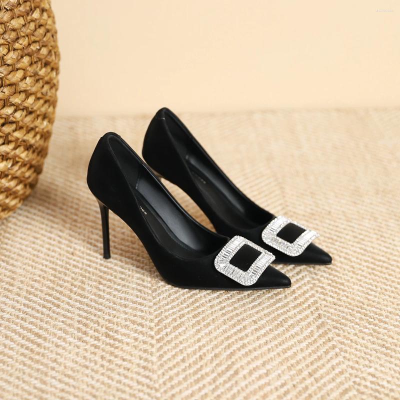 Dress Shoes Diamond High Heels Black Velvet Spring Socialite Temperament Pointy Shallow Commuter Square Buckle