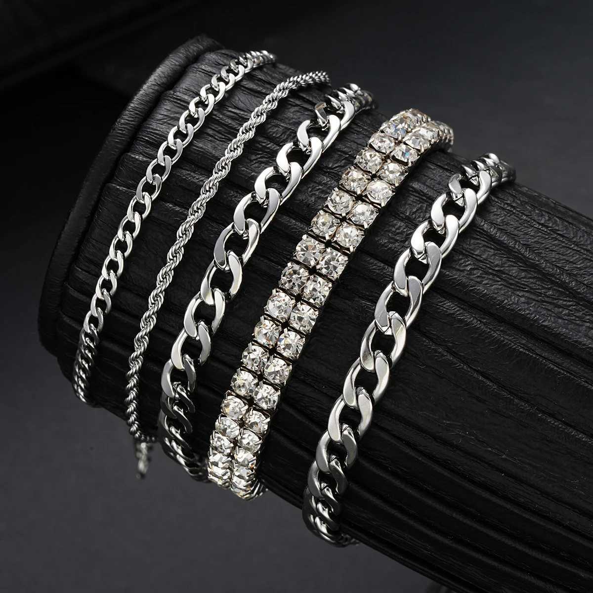 8Pcs/Set Stainl Steel Twisted Cuban Bracelets For Women Men Simple Silver Color Crystal Unisex Bracelets Sets Tren JewelryXJ250117