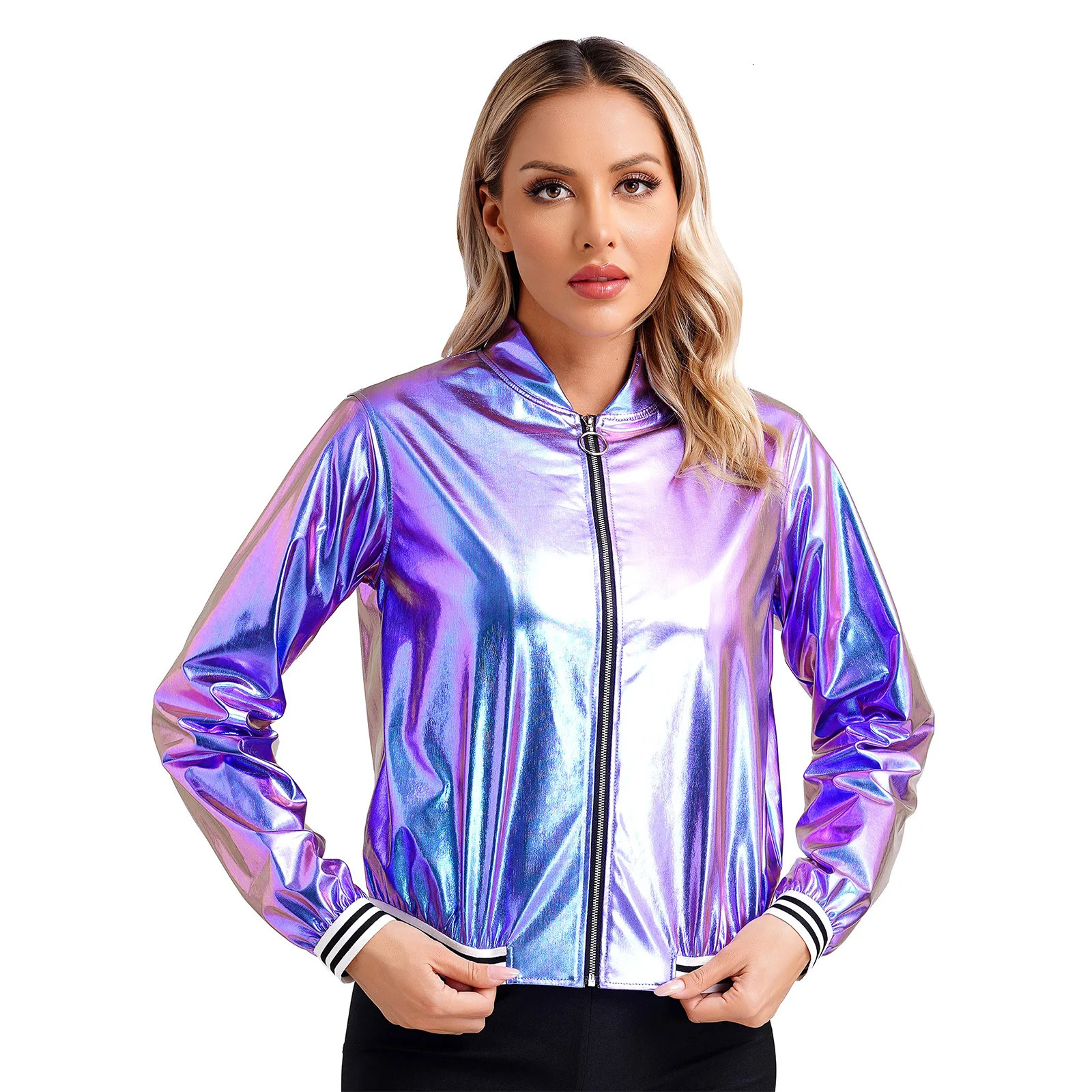 Womens Baseball Jacket Spring Autumn Holographic Metallic Shiny Bomber Jacket Coat Long Sleeve Zipper Striped Band Outerwear 250116