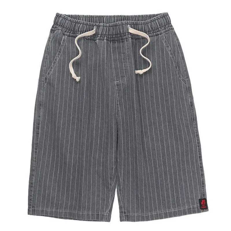 Male Denim Shorts Drawstring Striped With Pockets Mens Short Jeans Pants Gray Designer Vintage Blue Y2k Fashion Korean XlXJ250117