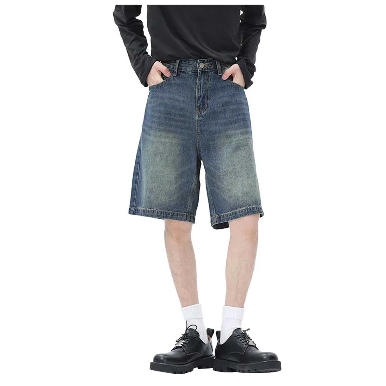 Mens Denim Shorts Straight Wide Leg Jeans Vintage Stretch Jeans For Men Casual Loose Summer Short Pants Y2k Baggy StreetwearXJ250117