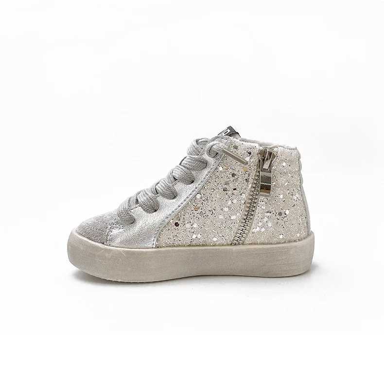 Athletic Outdoor Luxury Glitter Slide Powder Black Pink Mid-Top Glitter Leather Sneakers Star Wave Kids Leather Glitter High Top Sports TrainersY25011
