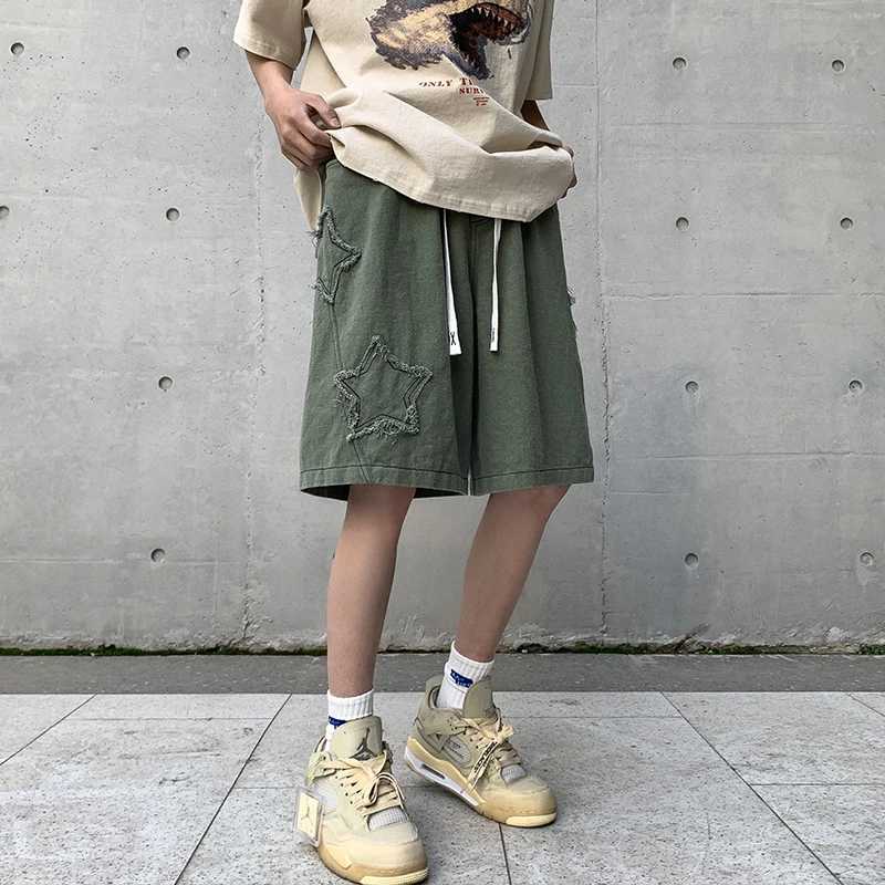 Men Vintage Summer Star Patchwork Denim Shorts Plus Size Drawstring Baggy Sweatshorts Male Y2k High Waist Chic Shorts StreetwearXJ250117