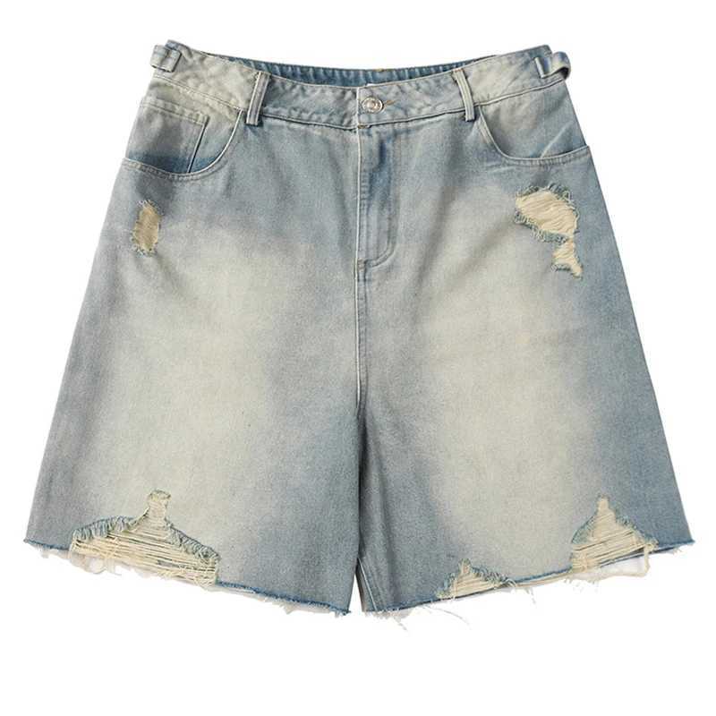 Y2K Washed Denim Shorts Vintage Blue Wide Leg Jeans Shorts For Men Summer Loose Casual Hole Ripped Shorts Blue Sweatpants PantsXJ250117