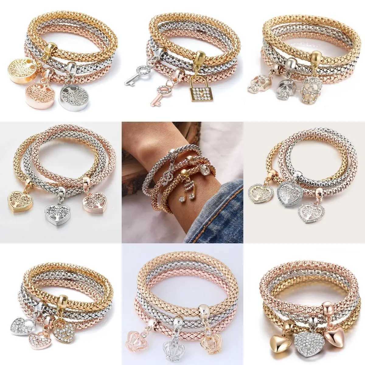 3-Color Womens Fashion Elastic Corn Chain Heart Pendant Bracelet Set Suitable for Date Travel Party Festival Dr GiftsXJ250117