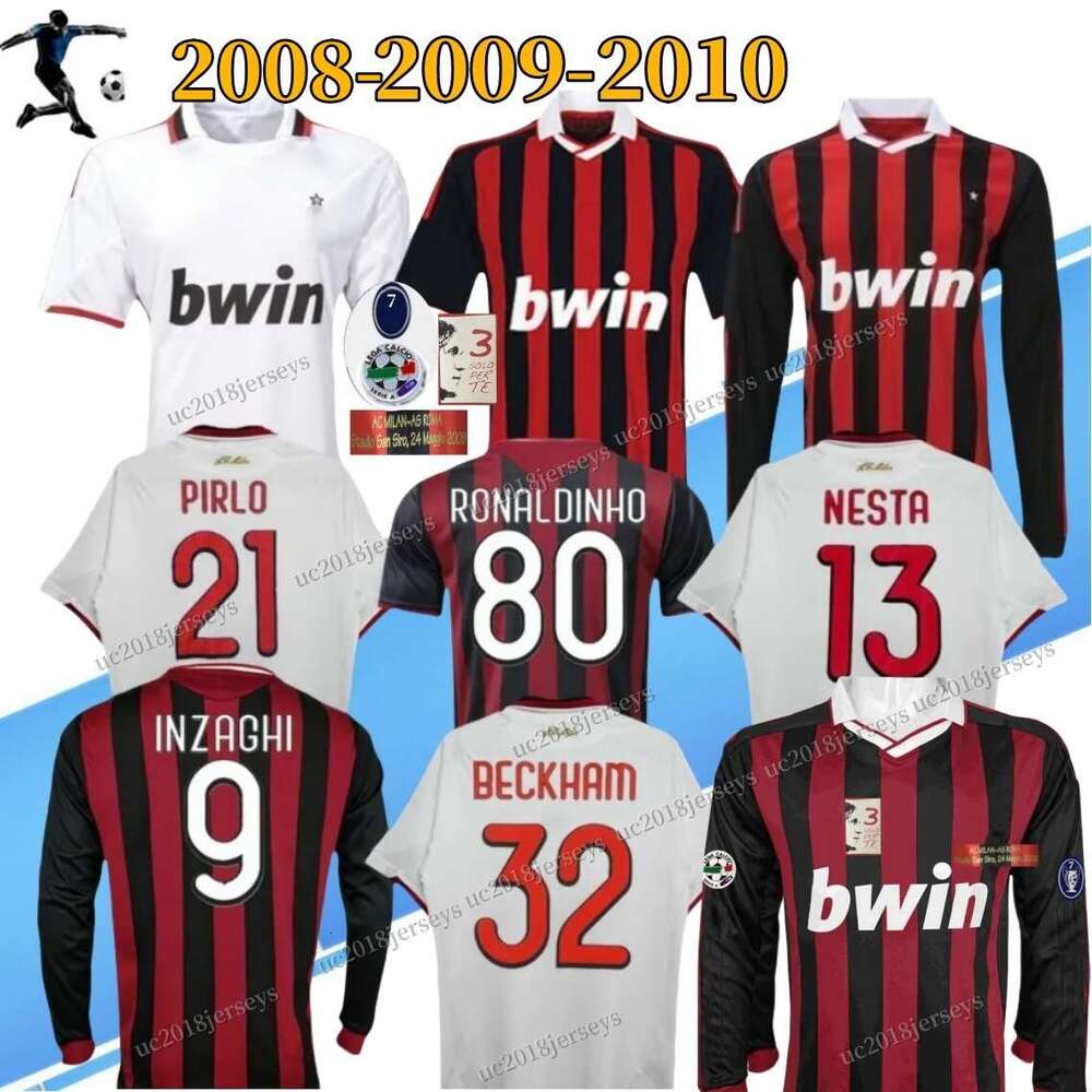 long sleeves Full patch 2008 2009 2010 AcMRetro soccer jerseys RONALDINHO Maldini football KAKA Inzaghi PIRLO BECKHAM 08 09 10 classic football Shirt