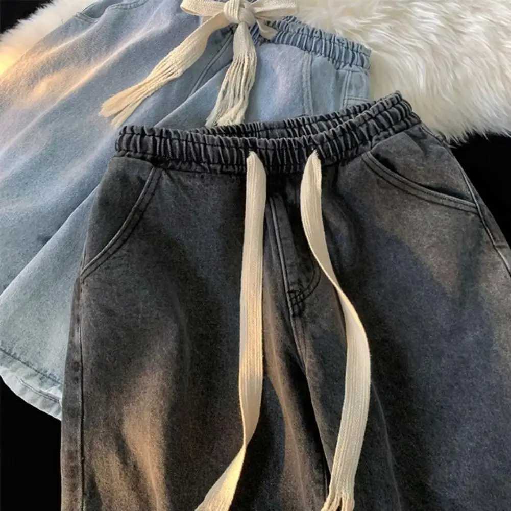 Elastic waistband denim shorts mens elastic drawstring denim shorts with pockets casual summer beach shorts mens W250319