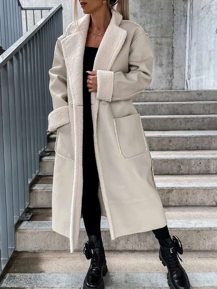 hoodie Women Single Button Long Trench Female Casual Patchwork Big Pockets Outerwear Autumn Winter Loose Solid Thick Overcoat jacket