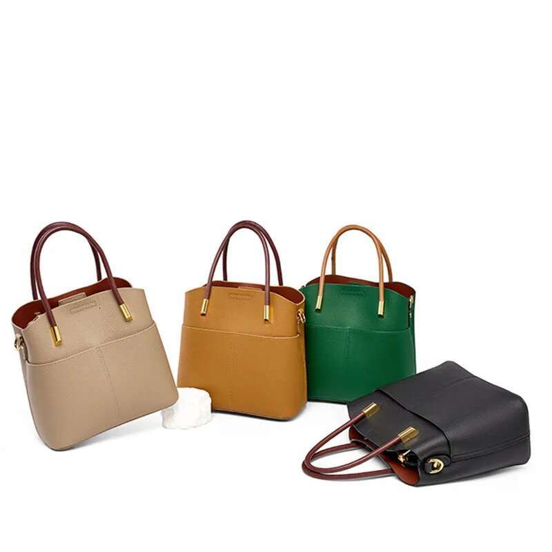High-End Genuine Leather Bucket Bags Women's New Design Handbag Casual Crossbody Cowhide Bag With 2 Shoulder Strap