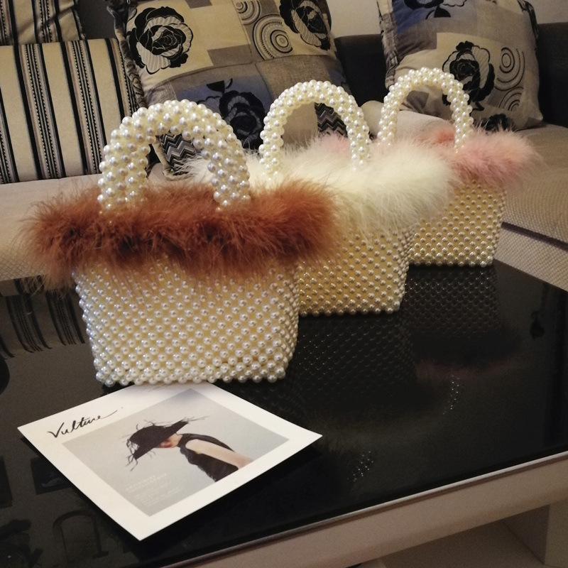 Autumn Winter Single Strap Handbag - Woven Vegetable Leather with Pearl Embellishments