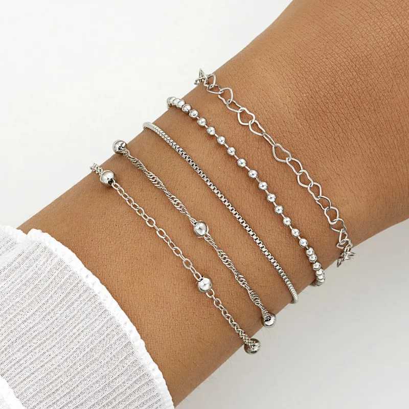 5-piece Bracelet Set Womens Alloy Round Bead Heart Chain Minimalist Box Chain BraceletXJ250225