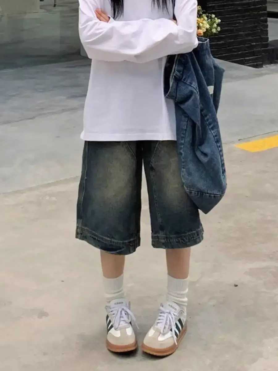 Y2K Vintage Baggy Jean Shorts Womens Washed Wide Leg Capri Pants Casual Barrel Jeans Denim Shorts Mens Oversized JortsXJ250117