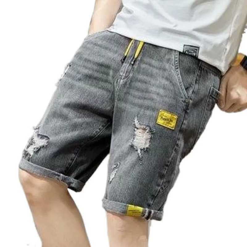 2024 Mens Summer Five-point Denim Shorts Fashion Hole Elastic Waist Loose Y2k Jeans ShortsXJ250117