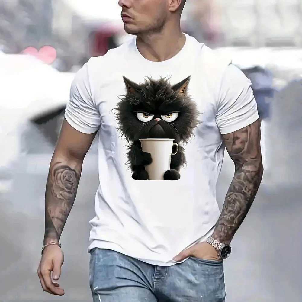 Summer Mens T Shirt Cat Print Casual Short Sleeve 3D T Shirts Fashion Streetwear Crew Neck Pullover Oversized Male ClothingXJ250117