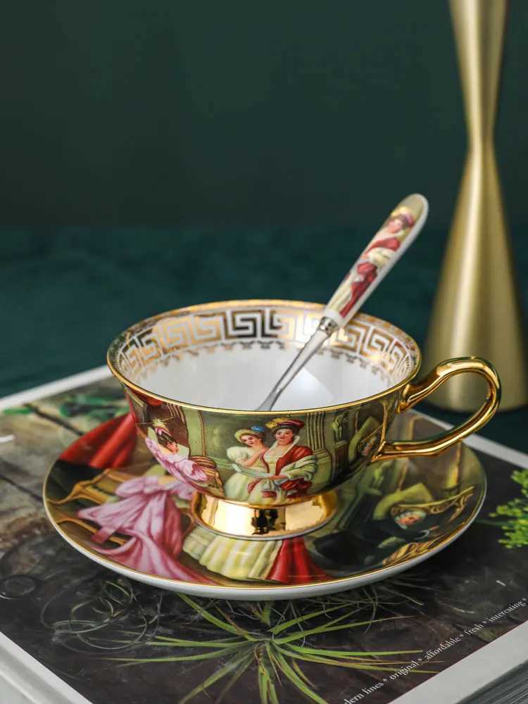 European Coffee Cups and Saucer Set Retro Figure Painting Bone English Tea Party Porcelain Teacup He Drinking Gift Z250102