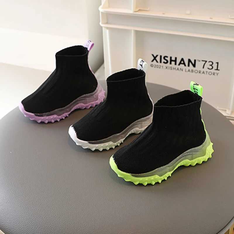 Athletic Outdoor Child Knitted Sports Shoes for Boys Luminous Breathable Kids Socks Shoes Slip on High Top Girls Sneakers Soft Sole Walking ShoesY2501