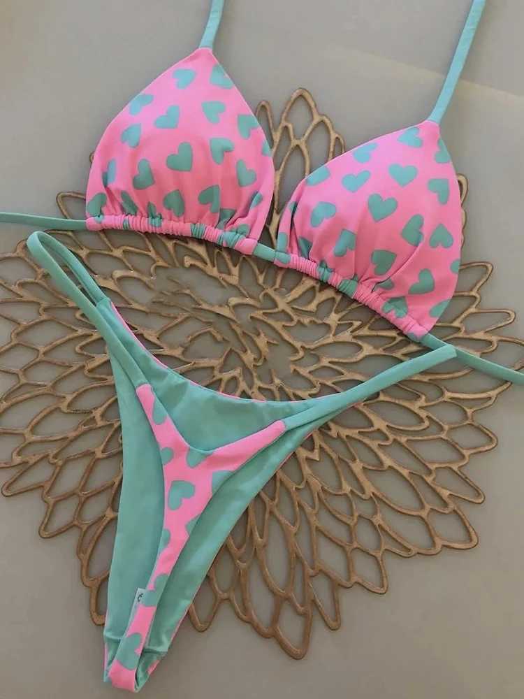 OIINAA Swimsuit Women Sexy Heart Printed Bikini Set Drawstring Bathing Suit Summer Two-pieces Thong Beachwear Split New BiquinisXJ250117