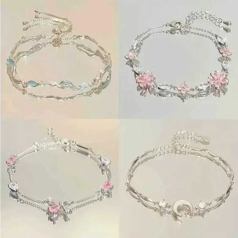 Elegant Fairy Pink Crystal Zircon Sakura Flowers Bracelet for Women Y2K Sweet Girls Cherry Blossom Moon Bow Knot Jewelry GiftsXJ250117