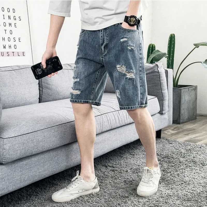 Man Denim Shorts Ripped Sale Straight Short Jeans Pants for Men Harajuku Emo Korean Fashion Designer Original Popular Cut Y2k XlXJ250117