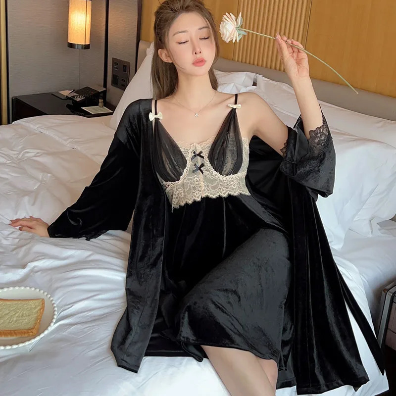 Sexy Gold Velvet Pajamas Female Sling Robe Twopiece Fall And Winter Lace LongSleeved Ladies Nightgown With Corset Homewear 250110