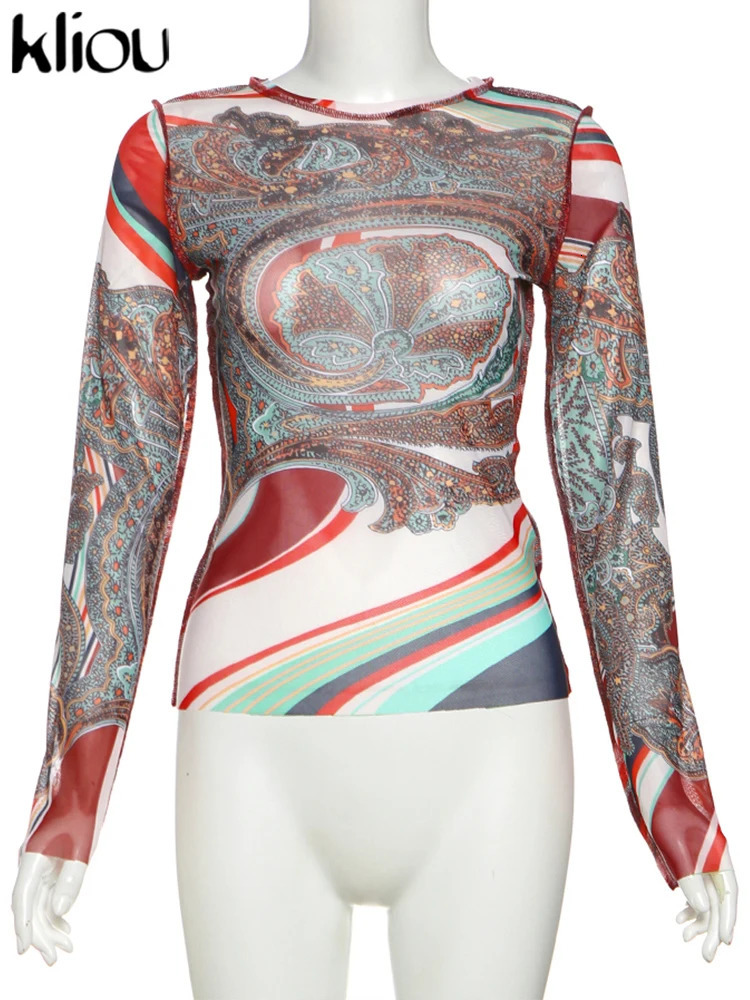kliou Mesh Festival Printed Women T-shirts Autumn Hipster Full Sleeve O-neck Skinny Crop Tees Female Thin Wild Streetwear 250113