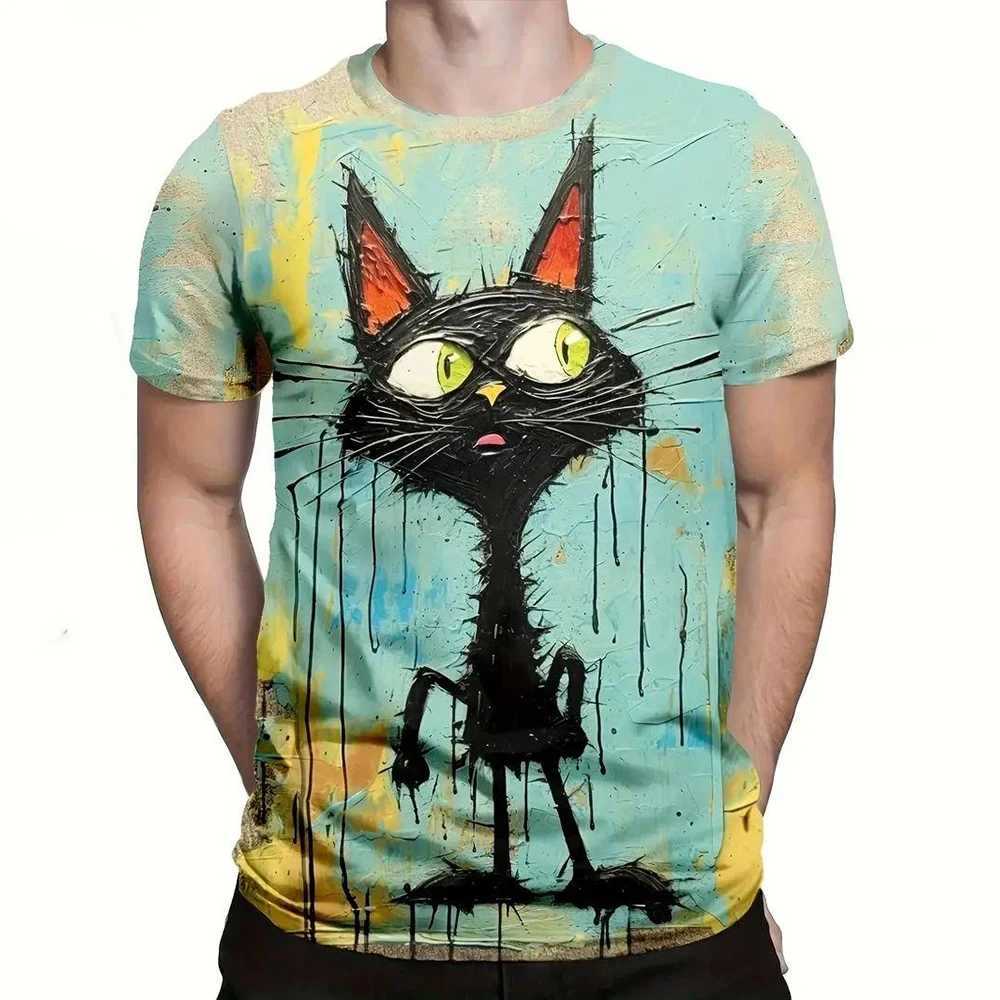 Summer Mens T Shirt Cat Print Casual Short Sleeve 3D T Shirts Fashion Streetwear Crew Neck Pullover Oversized Male ClothingXJ250117