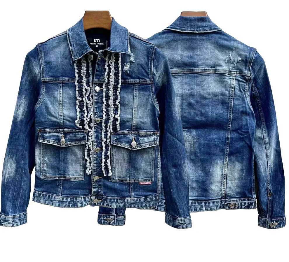00 chareiharper Denim jacket mens high quality wash white coat young hipster men hole patch wash splash ink jacket W250116