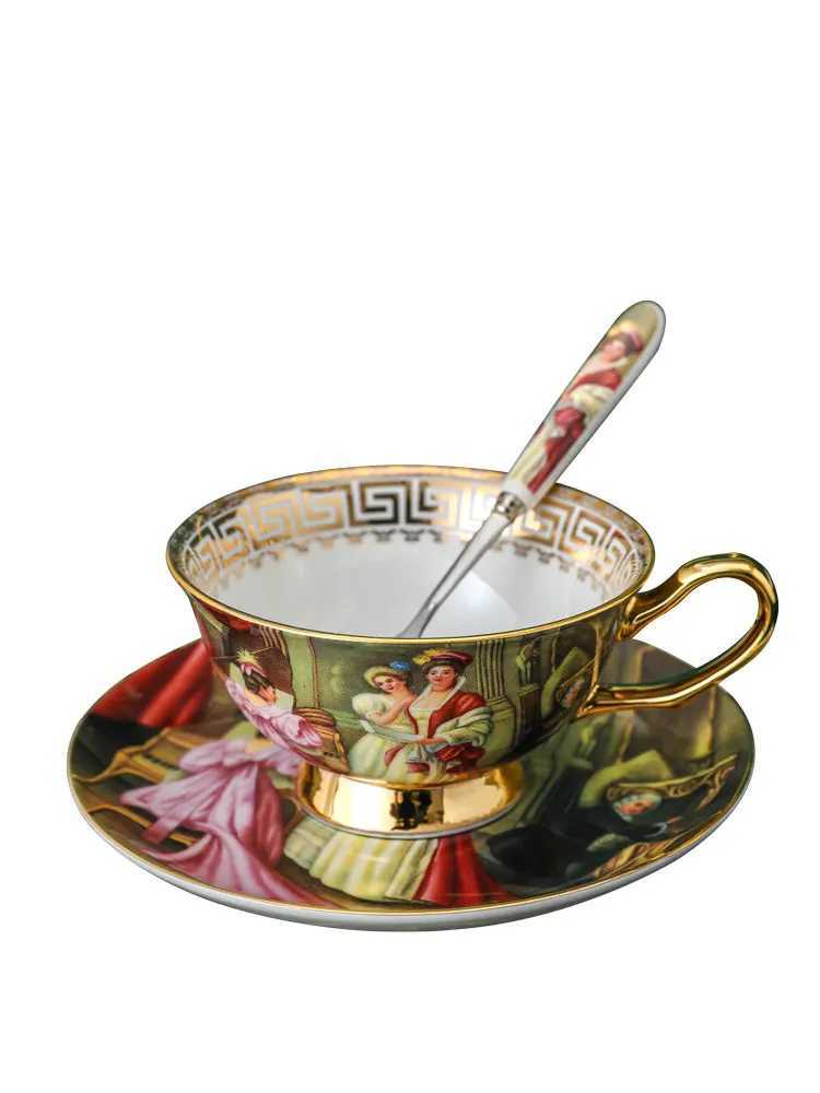 European Coffee Cups and Saucer Set Retro Figure Painting Bone English Tea Party Porcelain Teacup He Drinking Gift Z250102