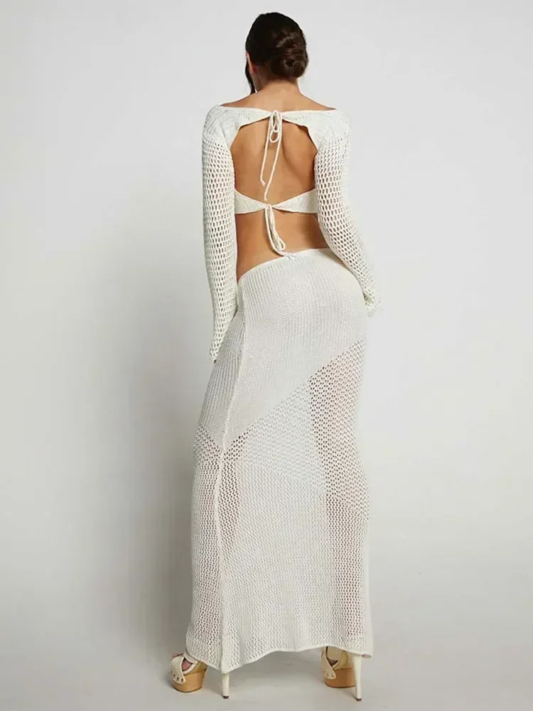 White crochet 2-piece set long sleeved backless lace up top long sleeved set club knitted beach dress bikini top A1882 250109