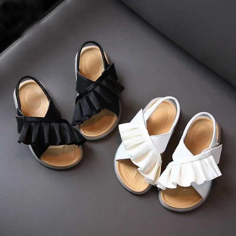 Sandals Summer Little Girls White Black Ruffles Sandals Kids Non-slip Korean Toddler Baby Princess Dress Shoes Shoe 1 2 3 4 6 Years OldY250116GIQT