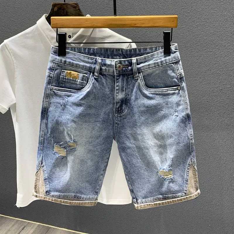Mens Short Jeans Pants Ripped Male Denim Shorts Blue Stretch Selvedge Fitted Streetwear Trend 2024 Cowboy Sale Y2k Harajuku XlXJ250117