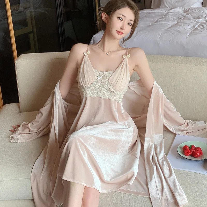 Sexy Gold Velvet Pajamas Female Sling Robe Twopiece Fall And Winter Lace LongSleeved Ladies Nightgown With Corset Homewear 250110