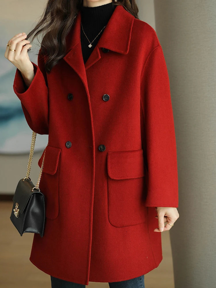 Autumn Winter Cotton Thickened Woolen Coat Women Korean Version Slim Fit Medium Long Solid Color 250109Z