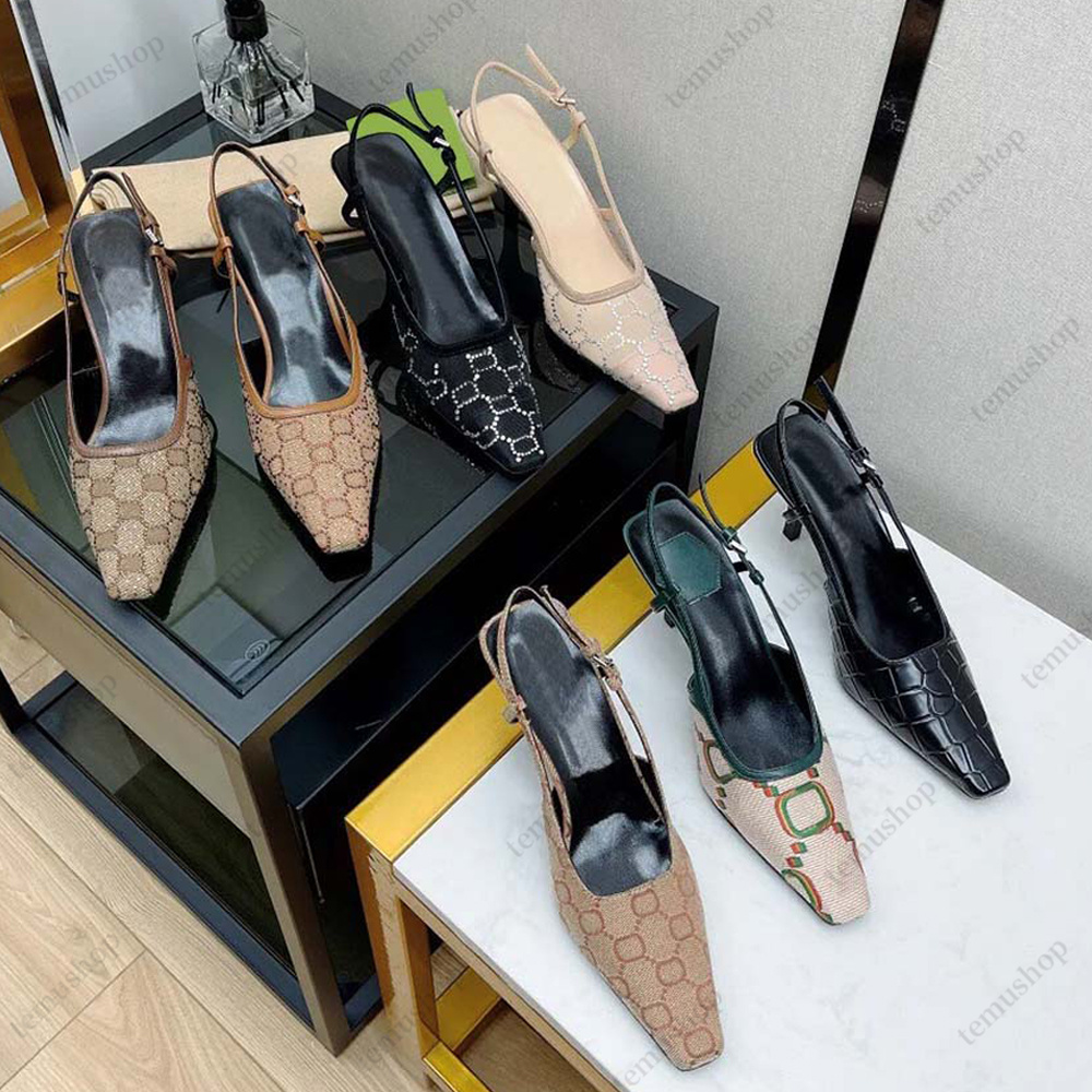 Dress Shoes Designer Slingbacks high heels women sandal Lace up shallow cut shoes 7.5cm 3.5cm Black mesh with crystals sparkling Print Slippers Rubber Leather Sandal