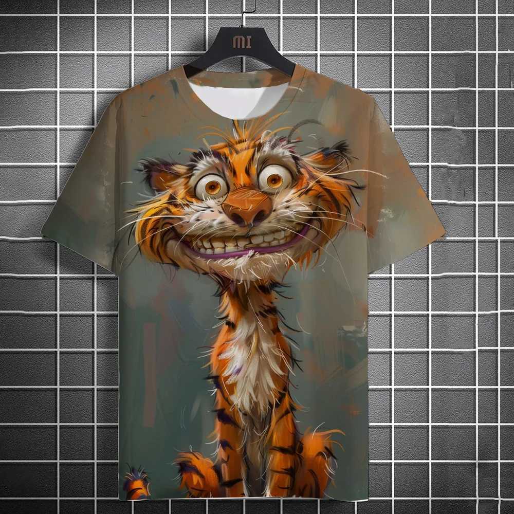 2024 New Fashion Mens Casual T-shirt 3D Printing Fun Animal Print Short Sleeve Street Fashion Tiger Print Round Neck TopXJ250117