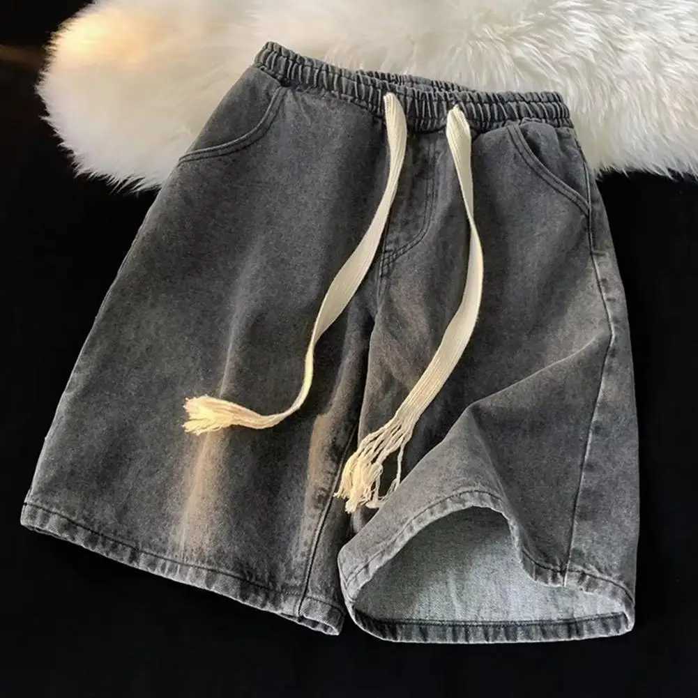 Elastic waistband denim shorts mens elastic drawstring denim shorts with pockets casual summer beach shorts mens W250319