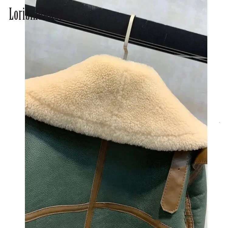 2023 New Winter Clothes Green Ing Large Lapel Motorcycle Clothing Women's Thickened Short Fur One-Piece Sheepskin Coat