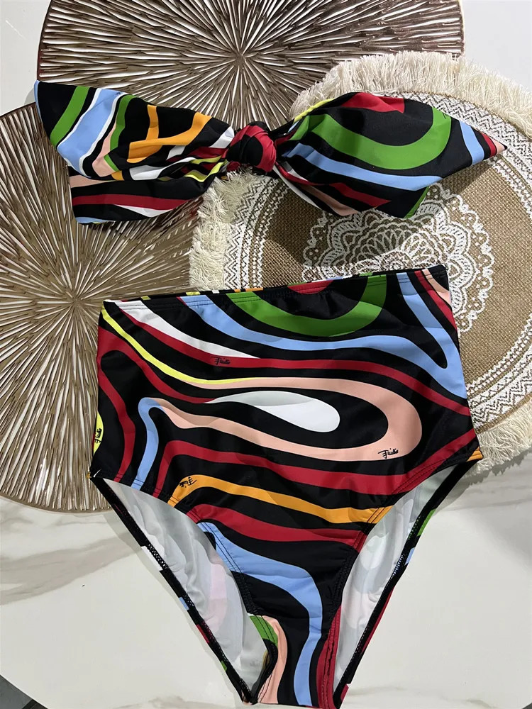 Women Swimsuit Split Swimsuit Bikini Striped Geometry Pattern One-Piece Swimsuit 250113