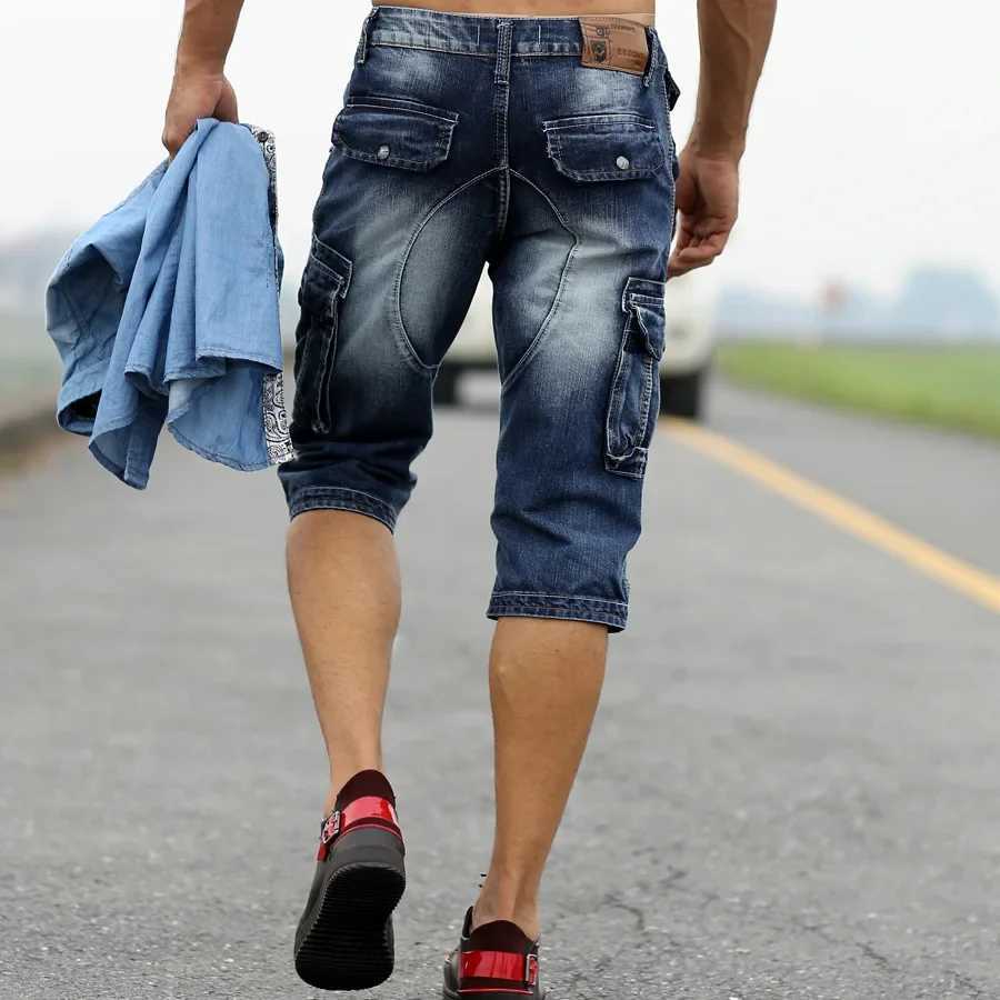 Mens Fashion Cargo Denim Shorts with Multi Pockets Slim Fit Military Jeans Shorts for Male Washed W250319