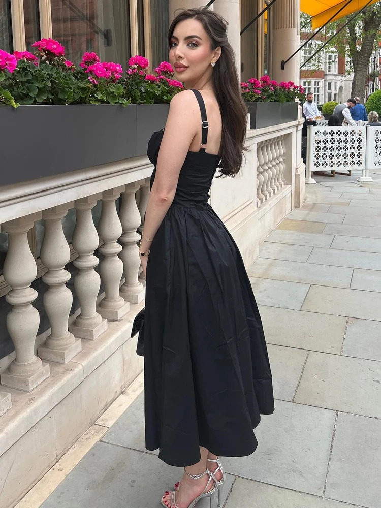 Mingmingxi Summer Black Spaghetti Strap Holiday Party Dresses Elegant Midi Button Lace Up Dress Casual Women In Dress 250109