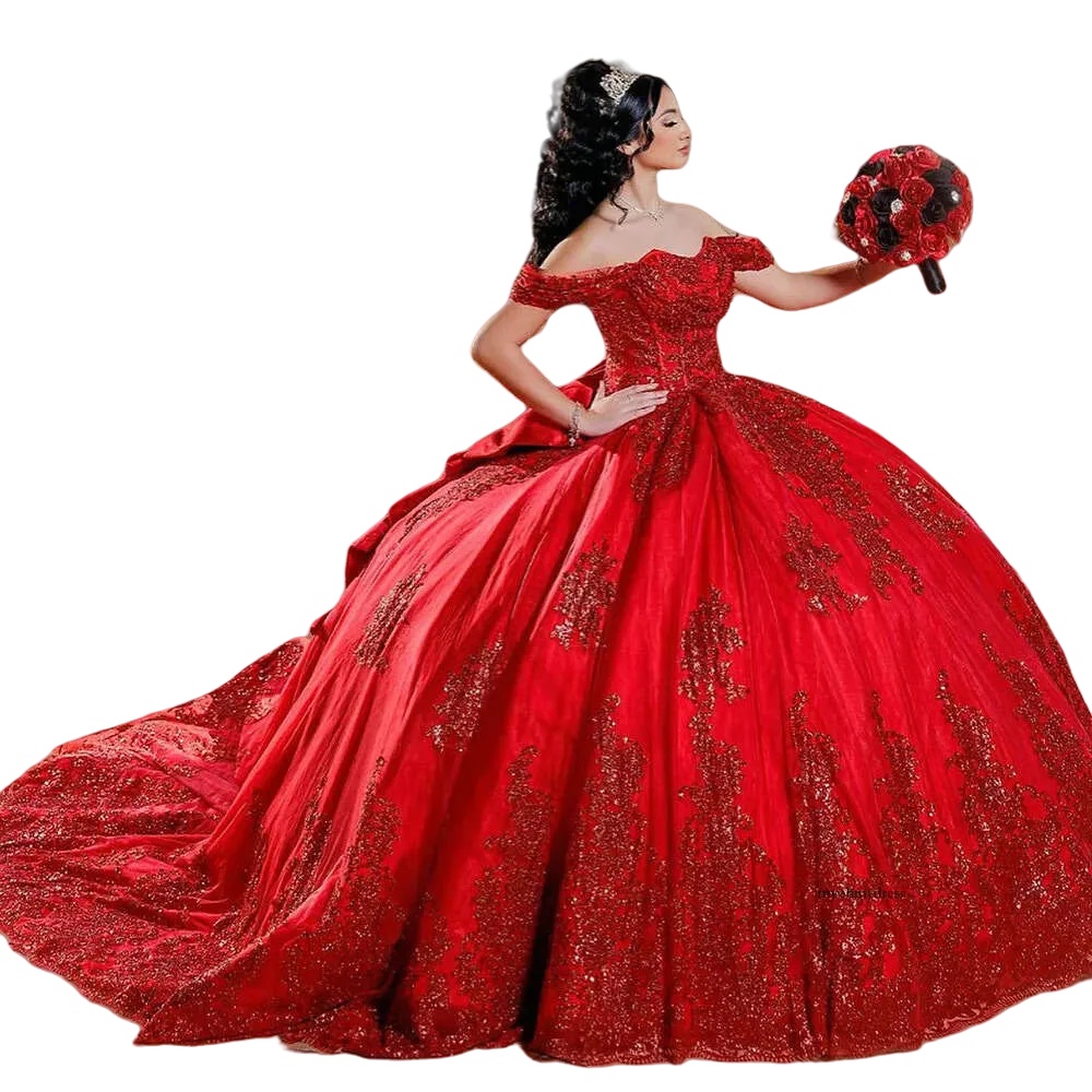 Luxurious Princess Quinceanera Dresses With Bow Back Off Shouler Ball Gown Sweet 16 Dresses Sequins Lace Appliques 2025 Red Prom Special Occasion Dres
