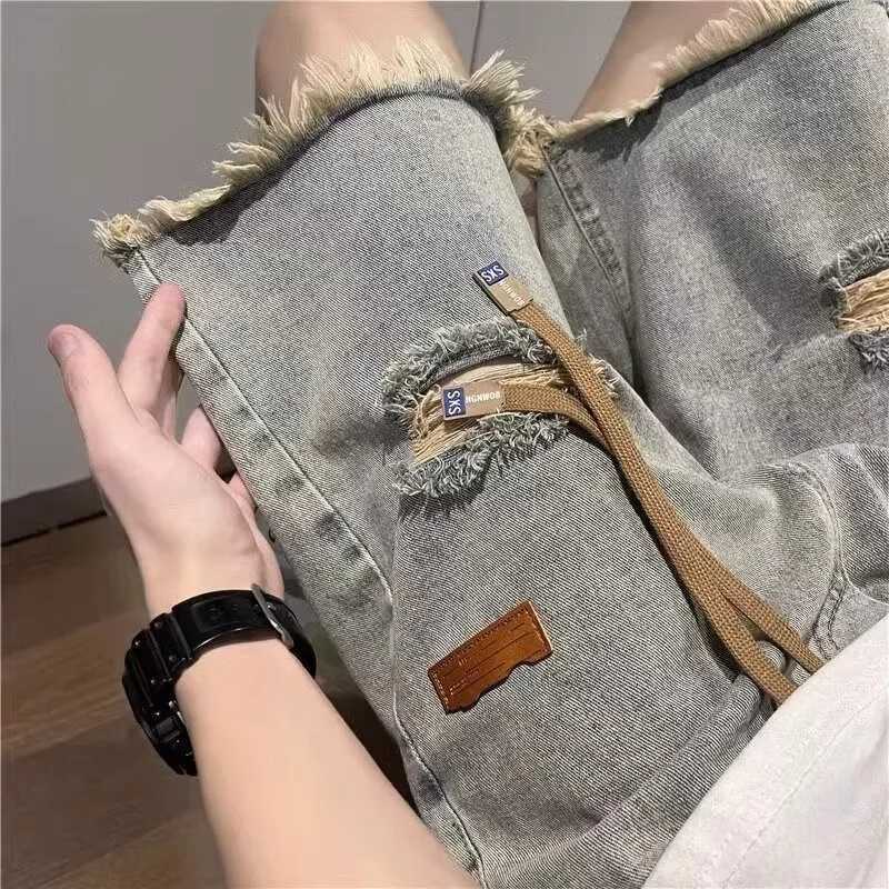 Summer Y2K Vintage Denim Shorts For Men Streetwear Ripped Short Jeans Drawstring Baggy Wide Leg Bermuda Blue Shorts PantsXJ250117