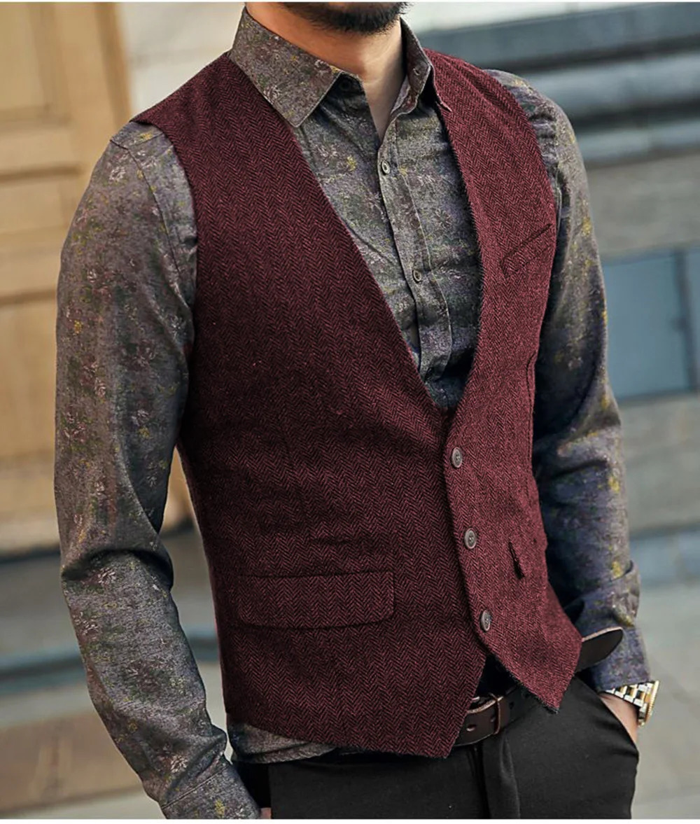 Slim Mens Vest Tweed Waistcoat Vintage Herringbone Vneck Casual Wool Groomsmen Suits For Wedding XS5XL 250114Z