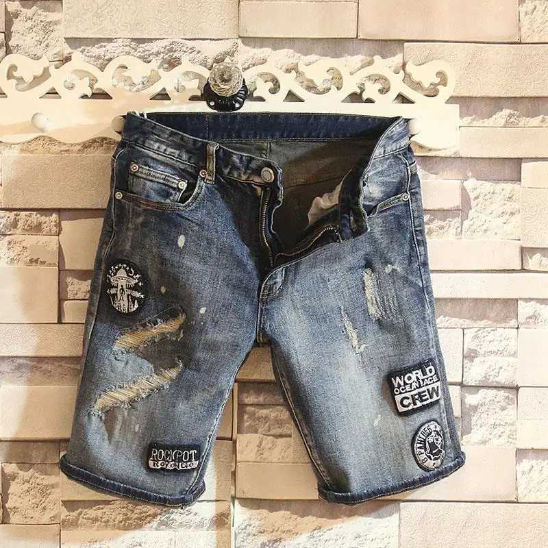 Straight Graphic Man Denim Shorts Knee Length Multi Color Long Half Short Jeans Pants for Men Ripped Harajuku Blue Y2k Hip HopXJ250117