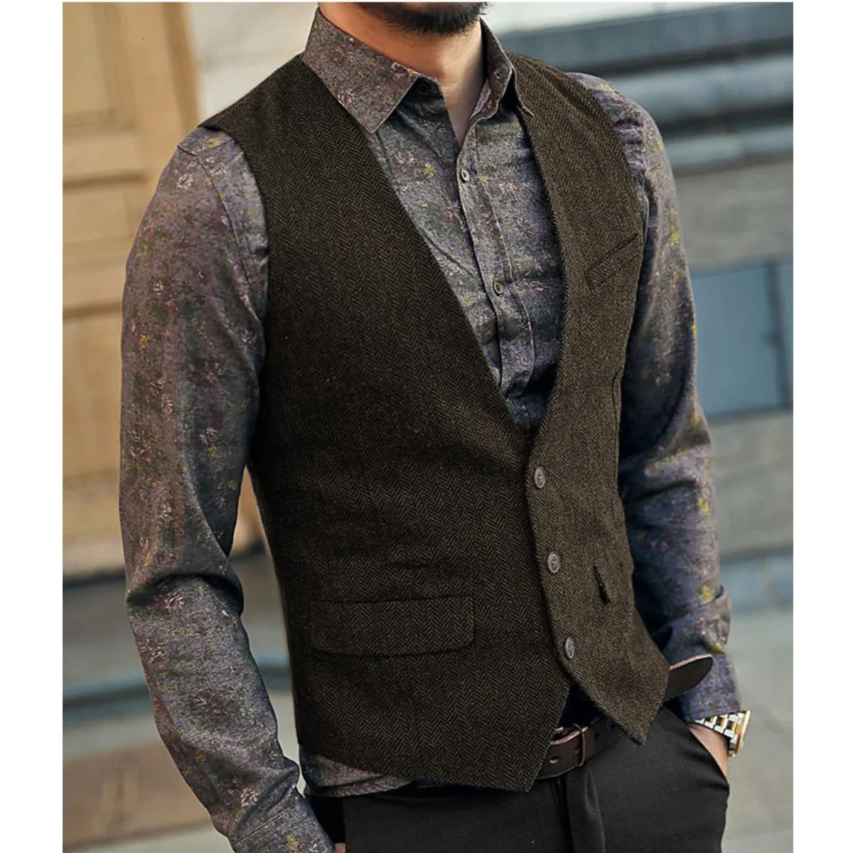 Slim Mens Vest Tweed Waistcoat Vintage Herringbone Vneck Casual Wool Groomsmen Suits For Wedding XS5XL 250114Z