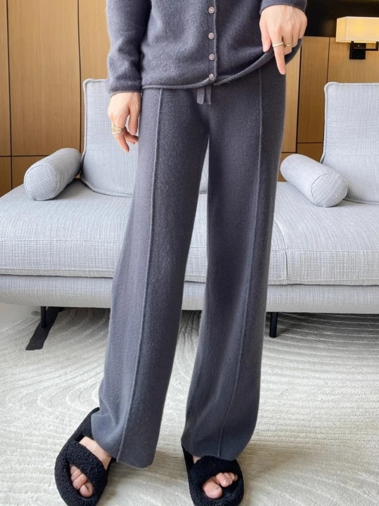Highend Cashmere Temperament Wideleg Pants Womens High Waist 100 Pure Wool Loose Casual Straight Outer Trousers 250106