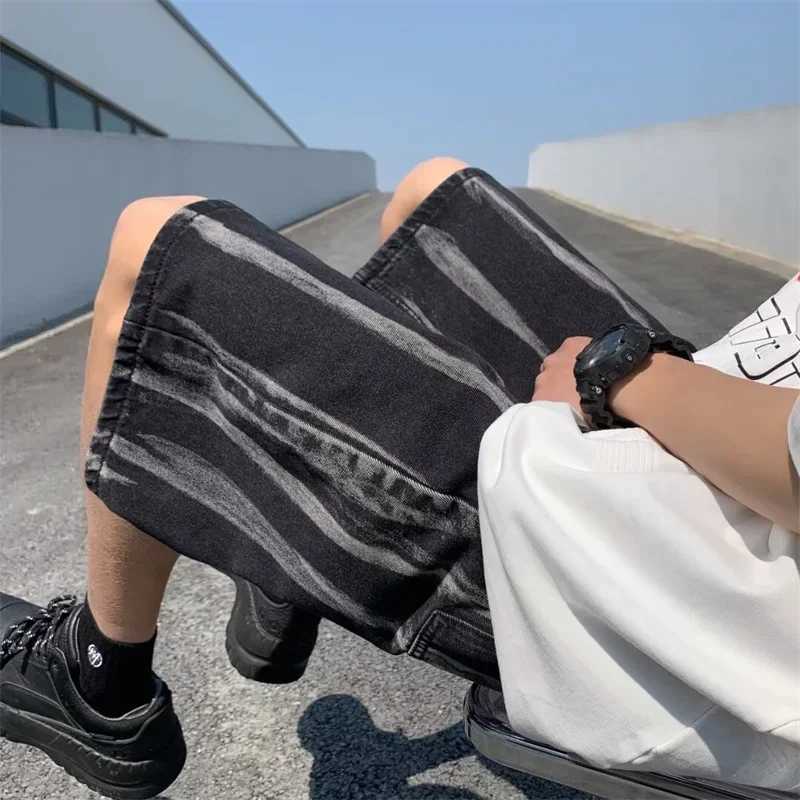 Summer Y2K Vintage Tie-dye Denim Shorts For Men Drawstring Streetwear Straight Short Jeans 2024 New Baggy Hip Hop Shorts HombreXJ250117