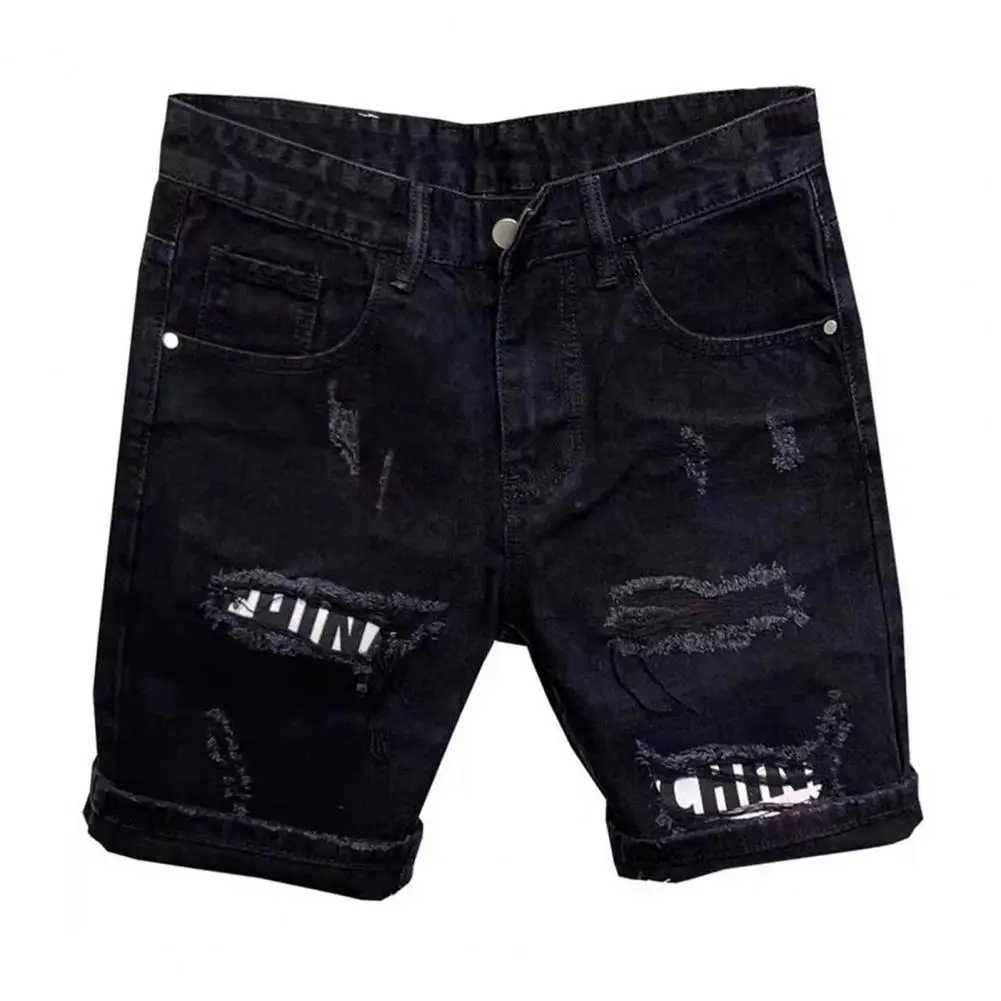 Summer mens torn patch denim shorts with straight button zipper pockets short sleeves long sleeves denim shorts W250319