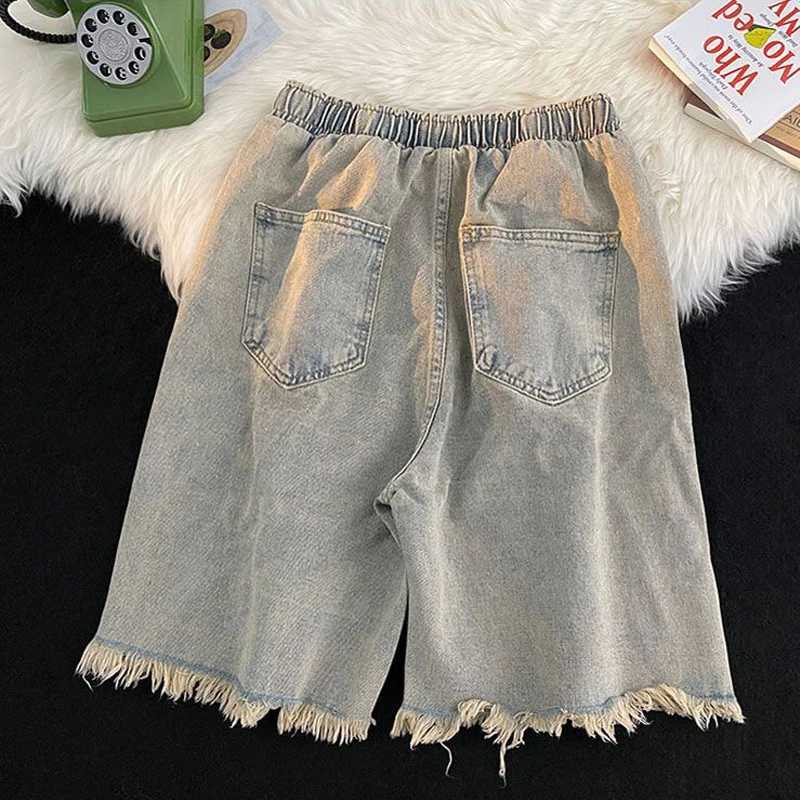 Mens Trendy Vintage Casual Streetwear Y2K Hole Jeans Short Pants 2024 Summer Youth Harajuku Pockets Loose Straight Denim ShortsXJ250117